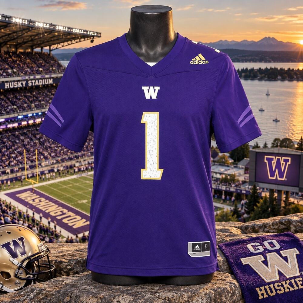 Adidas Washington Huskies #1 Premier Football Jersey Purple Men’s Small NCAA